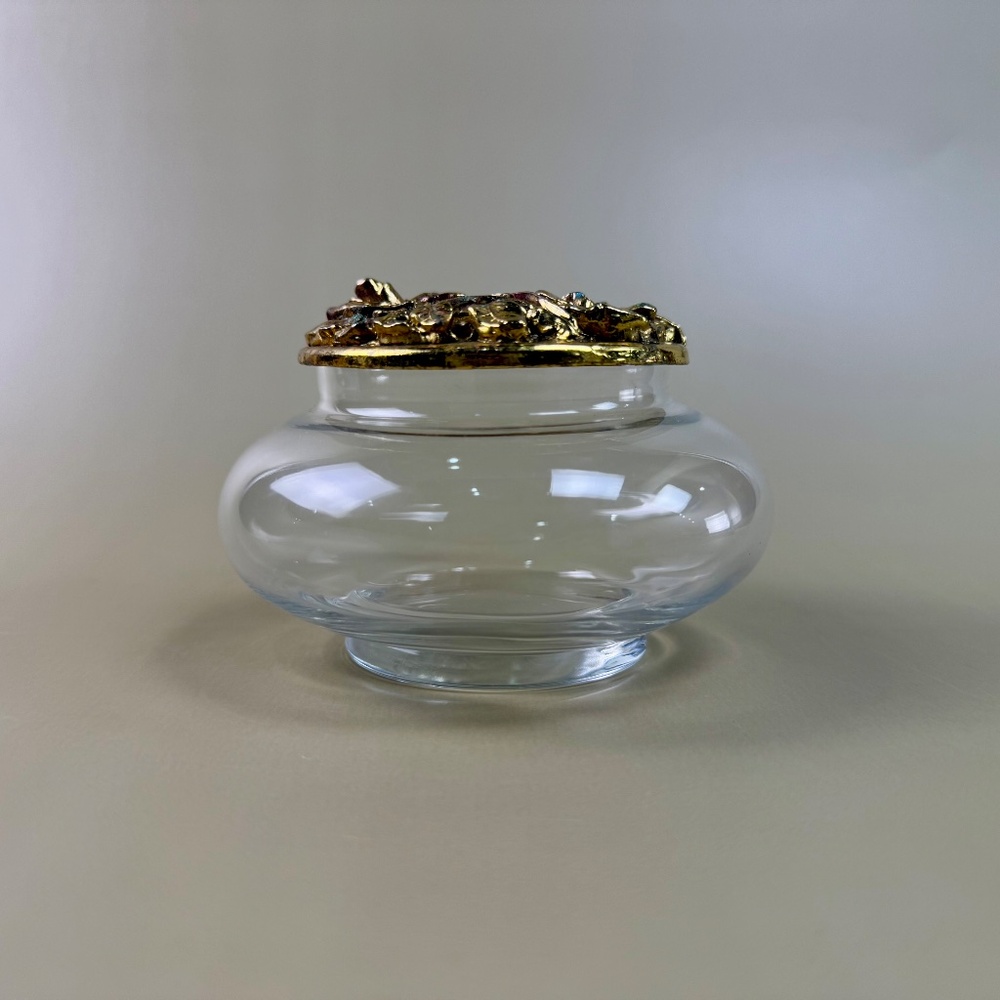 Vintage Glass Trinket Dish with Ornate Brass Rose Lid | Hollywood Regency Style - Picture 11 of 13